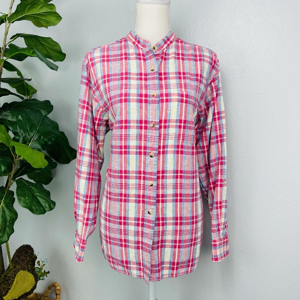 L.L BEAN PINK LINEN LONG SLEEVE BUTTON DOWN PLAID FLANNEL